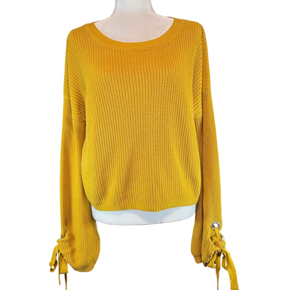 Moon & Madison Yellow Chunky Ribbed‎ Knit Sweater M Boho Lace Ribbon Tie Sleeves
